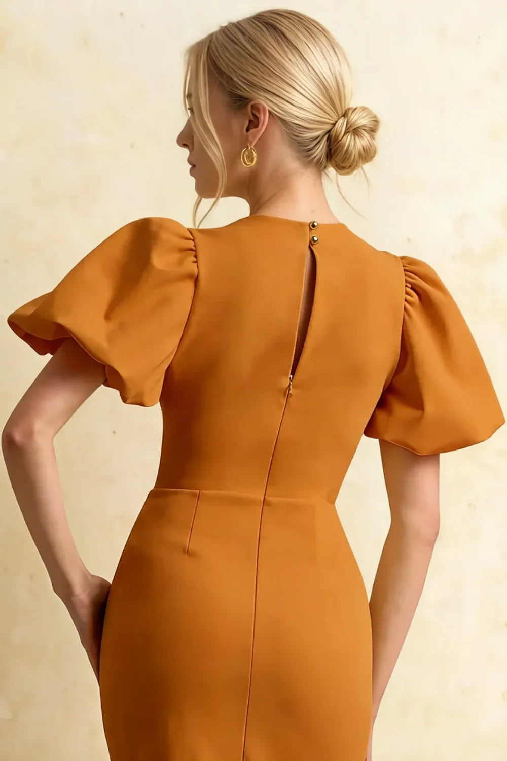 Harriet Bronze Puff Sleeve Midi Dress | Elegant Wedding Guest Outfit