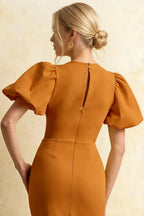 Harriet Bronze Puff Sleeve Midi Dress | Elegant Wedding Guest Outfit