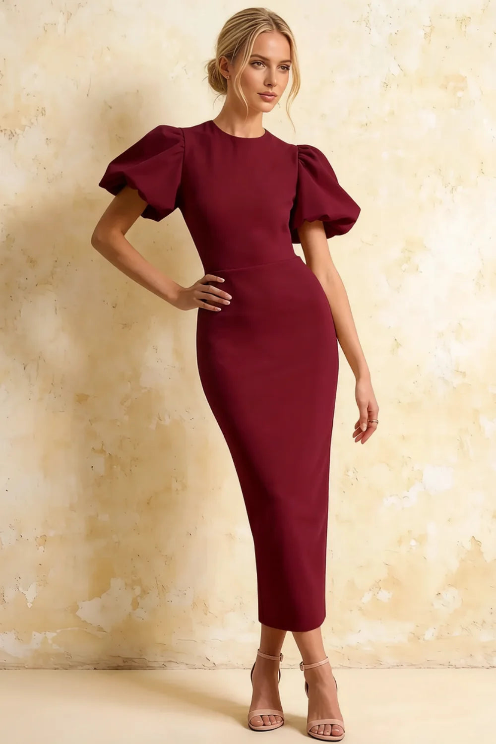 Harriet Burgundy Puff Sleeve Midi Dress | Modest Red Dress for Wedding Guest Main image