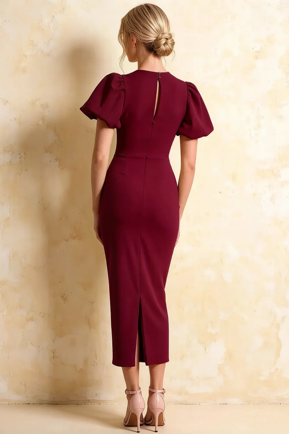 Harriet Burgundy Puff Sleeve Midi Dress | Modest Red Dress for Wedding Guest