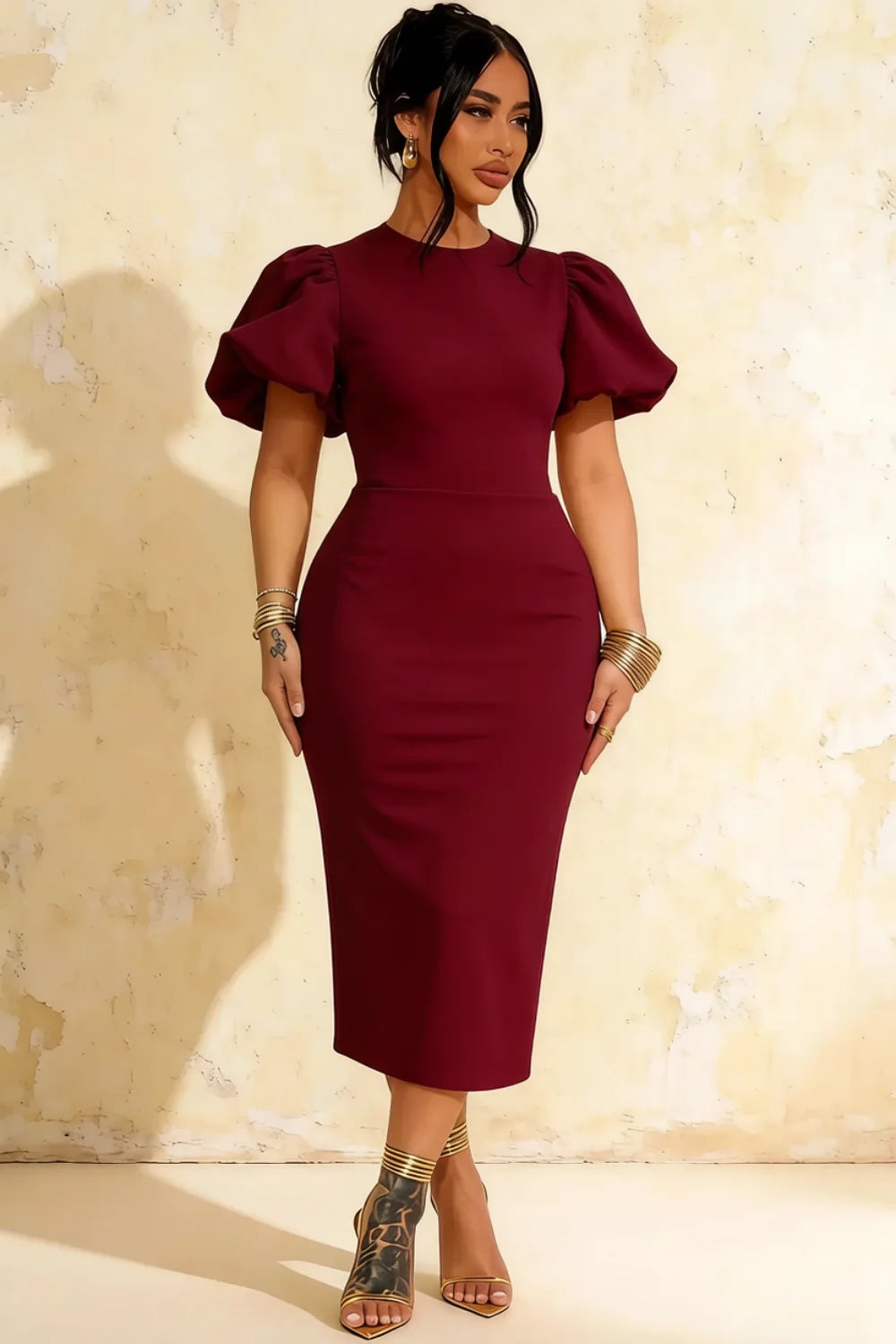 Harriet Burgundy Puff Sleeve Midi Dress | Modest Red Dress for Wedding Guest