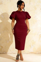 Harriet Burgundy Puff Sleeve Midi Dress | Modest Red Dress for Wedding Guest