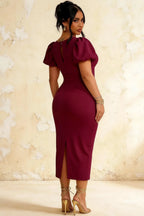Harriet Burgundy Puff Sleeve Midi Dress | Modest Red Dress for Wedding Guest