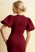 Harriet Burgundy Puff Sleeve Midi Dress | Modest Red Dress for Wedding Guest