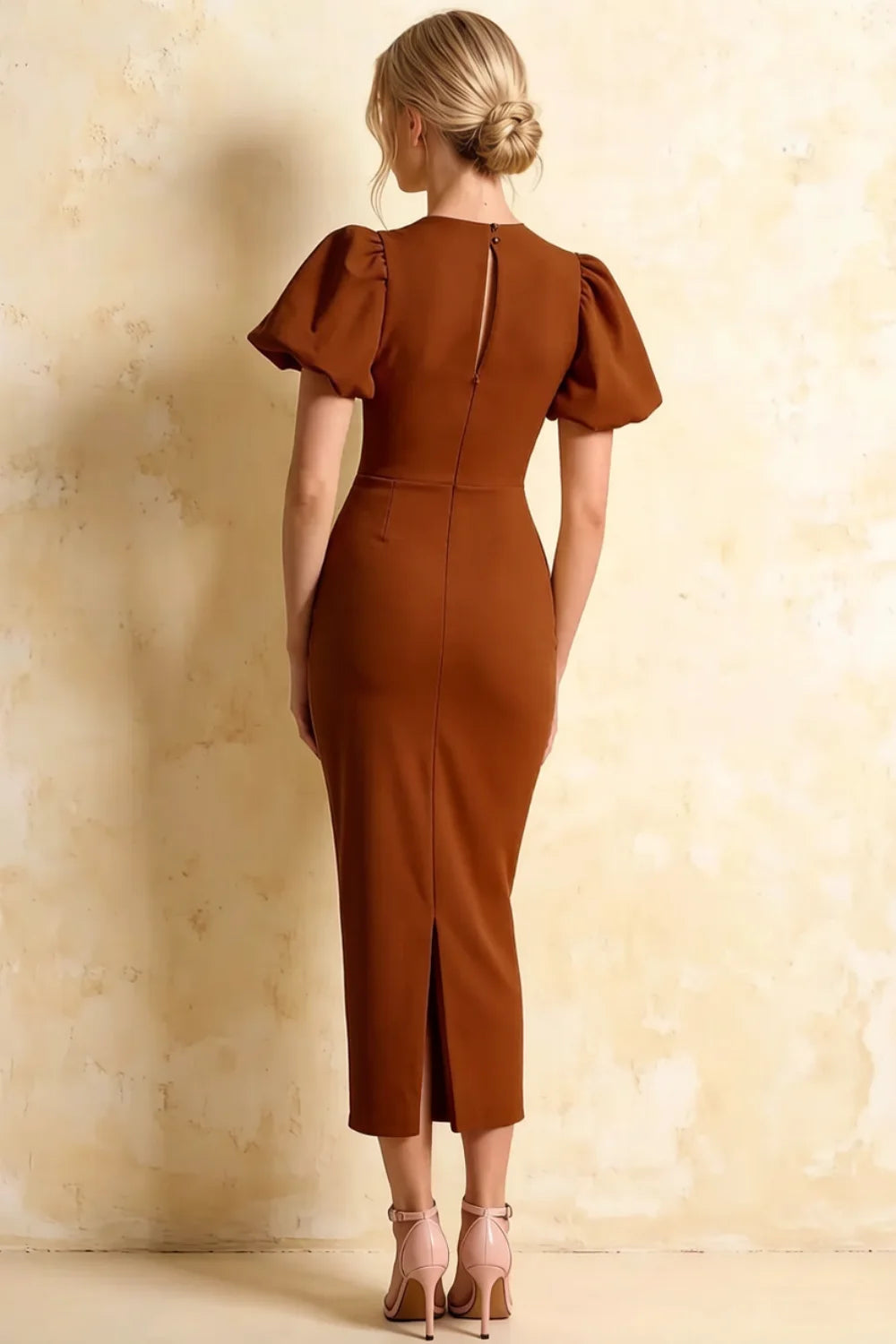 Harriet Chocolate Puff Sleeve Midi Dress | Elegant Bodycon