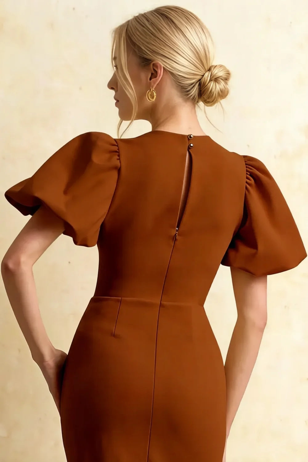 Harriet Chocolate Puff Sleeve Midi Dress | Elegant Bodycon