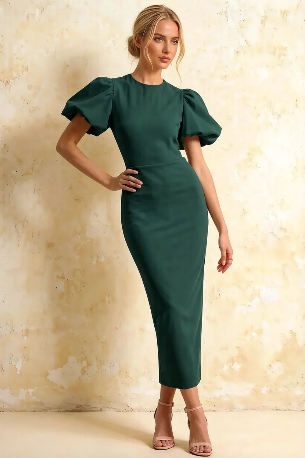 Harriet Emerald Green Puff Sleeve Midi Dress | Elegant Bodycon for Party Main image