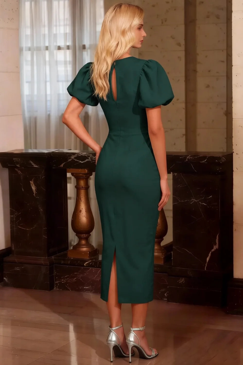Harriet Emerald Green Puff Sleeve Midi Dress | Elegant Bodycon for Party