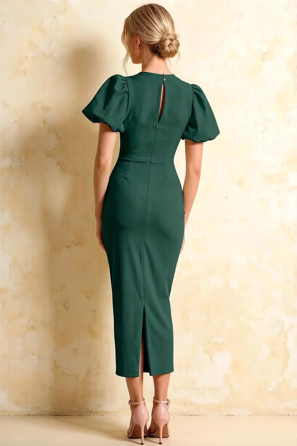 Harriet Emerald Green Puff Sleeve Midi Dress | Elegant Bodycon for Party