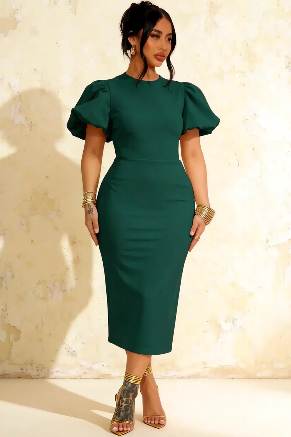 Harriet Emerald Green Puff Sleeve Midi Dress | Elegant Bodycon for Party