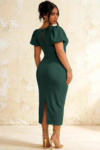 Harriet Emerald Green Puff Sleeve Midi Dress | Elegant Bodycon for Party