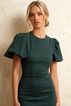 Harriet Emerald Green Puff Sleeve Midi Dress | Elegant Bodycon for Party