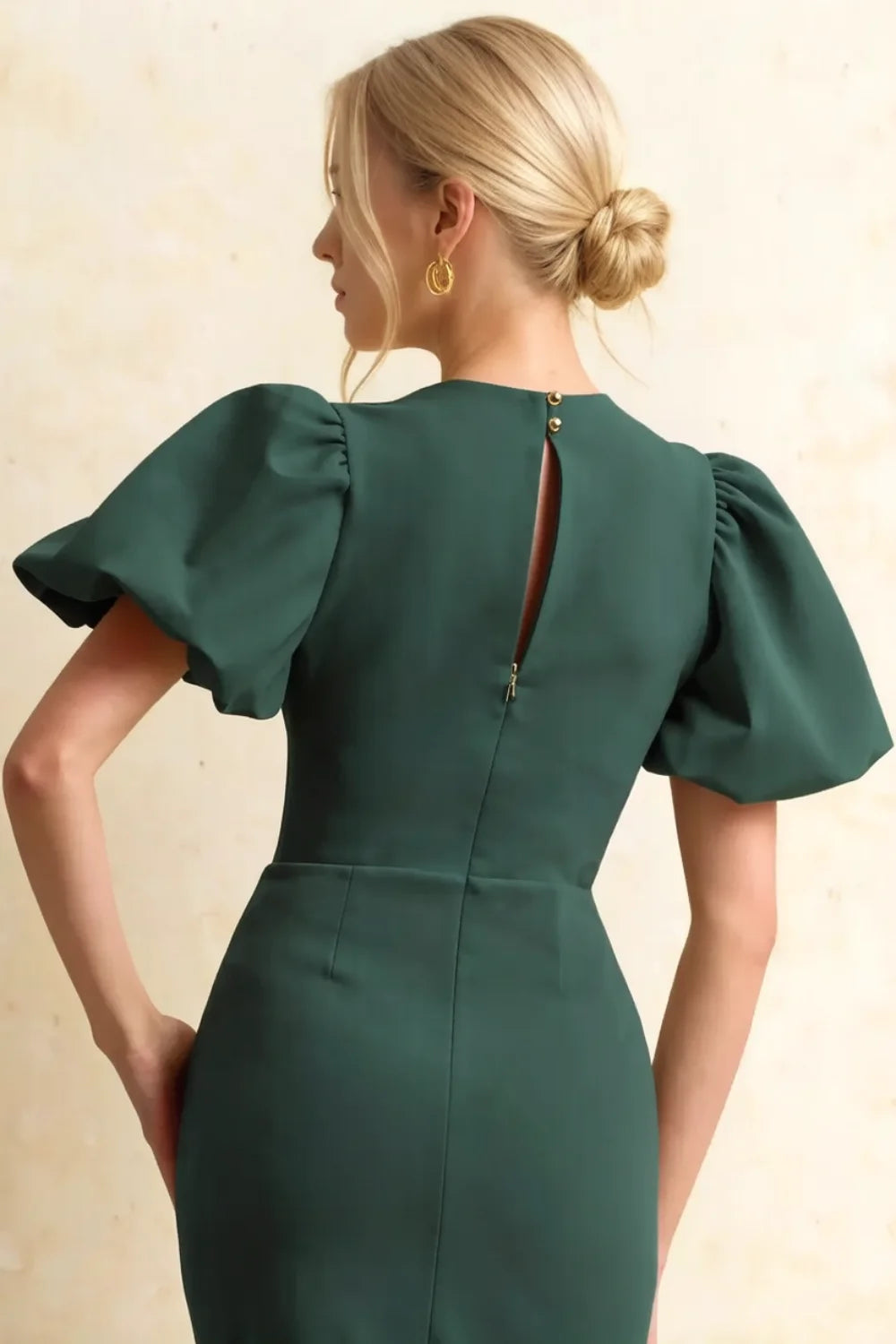 Harriet Emerald Green Puff Sleeve Midi Dress | Elegant Bodycon for Party