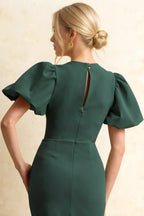 Harriet Emerald Green Puff Sleeve Midi Dress | Elegant Bodycon for Party