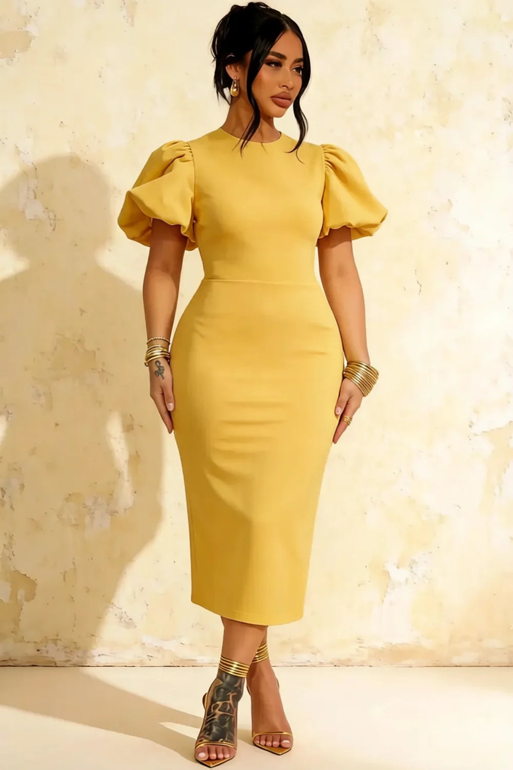 Harriet Golden Puff Sleeve Midi Dress | Elegant Bodycon Style Main image
