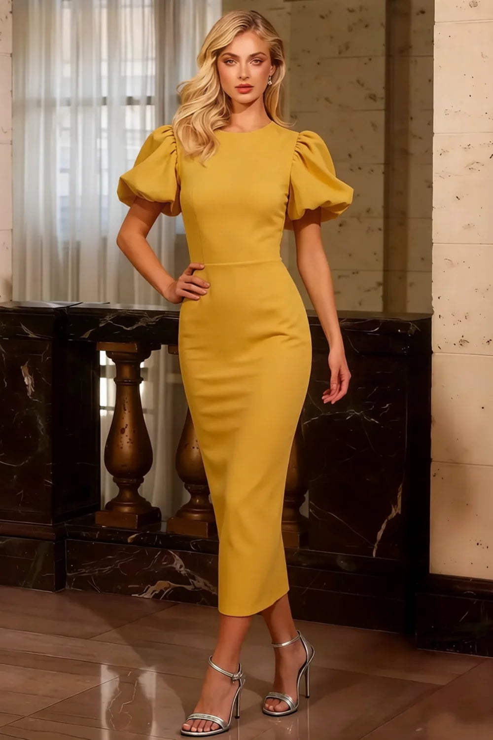 Harriet Golden Puff Sleeve Midi Dress | Elegant Bodycon Style Secondary image