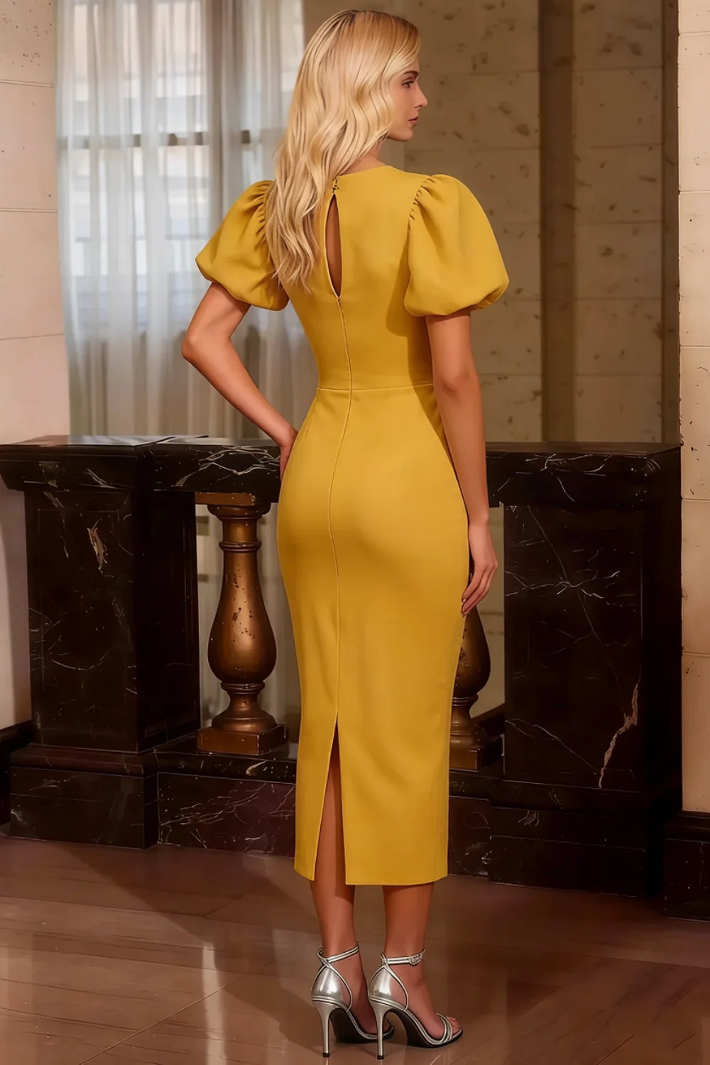 Harriet Golden Puff Sleeve Midi Dress | Elegant Bodycon Style