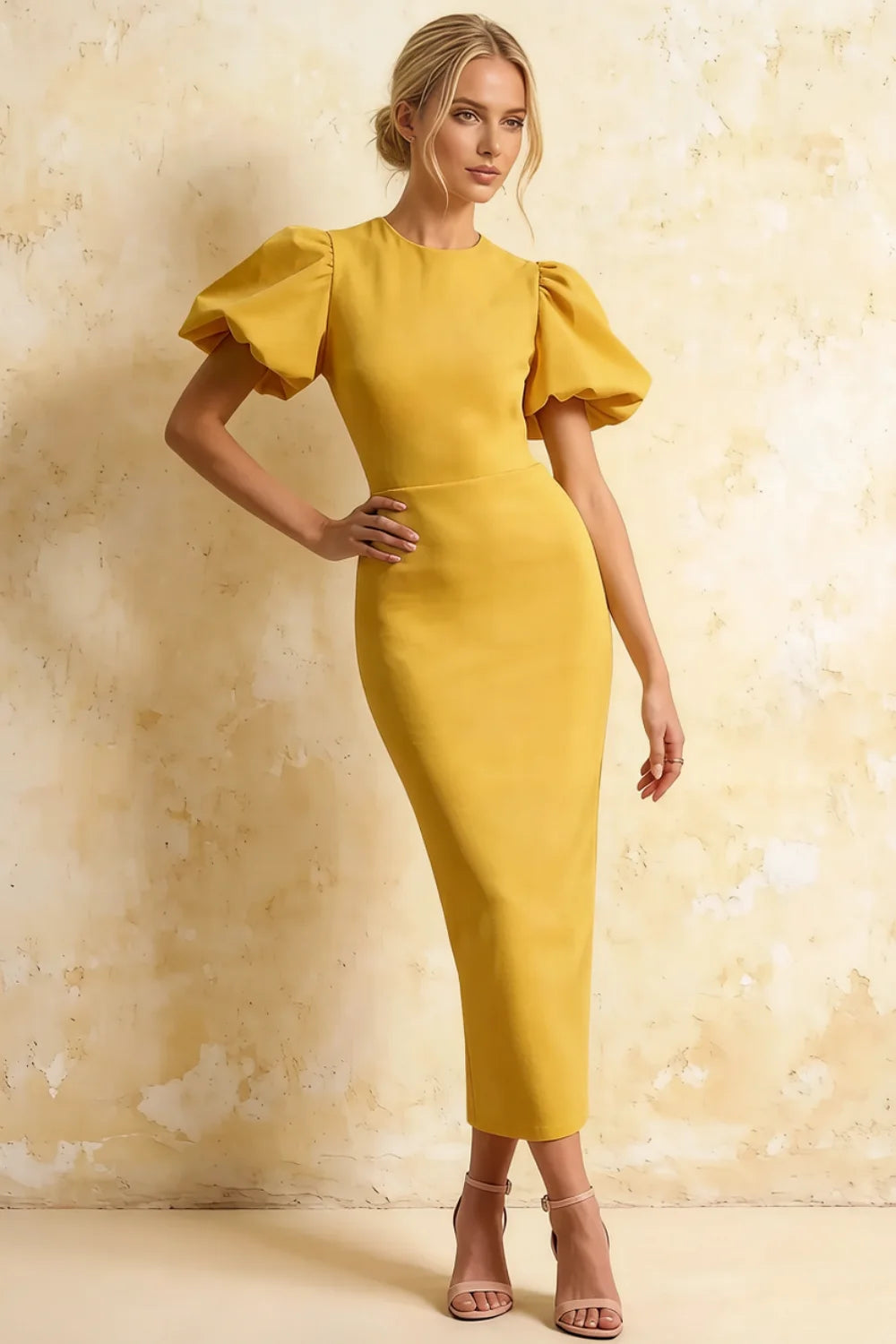 Harriet Golden Puff Sleeve Midi Dress | Elegant Bodycon Style