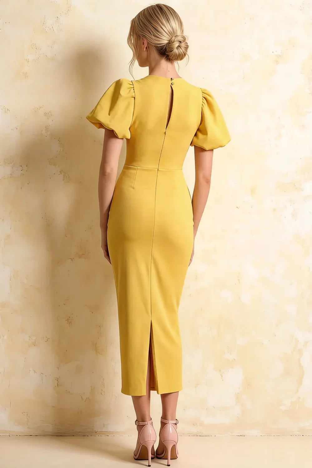 Harriet Golden Puff Sleeve Midi Dress | Elegant Bodycon Style