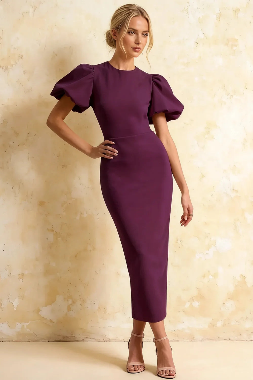 Harriet Grape Puff Sleeve Midi Dress | Elegant Bodycon Cocktail Main image
