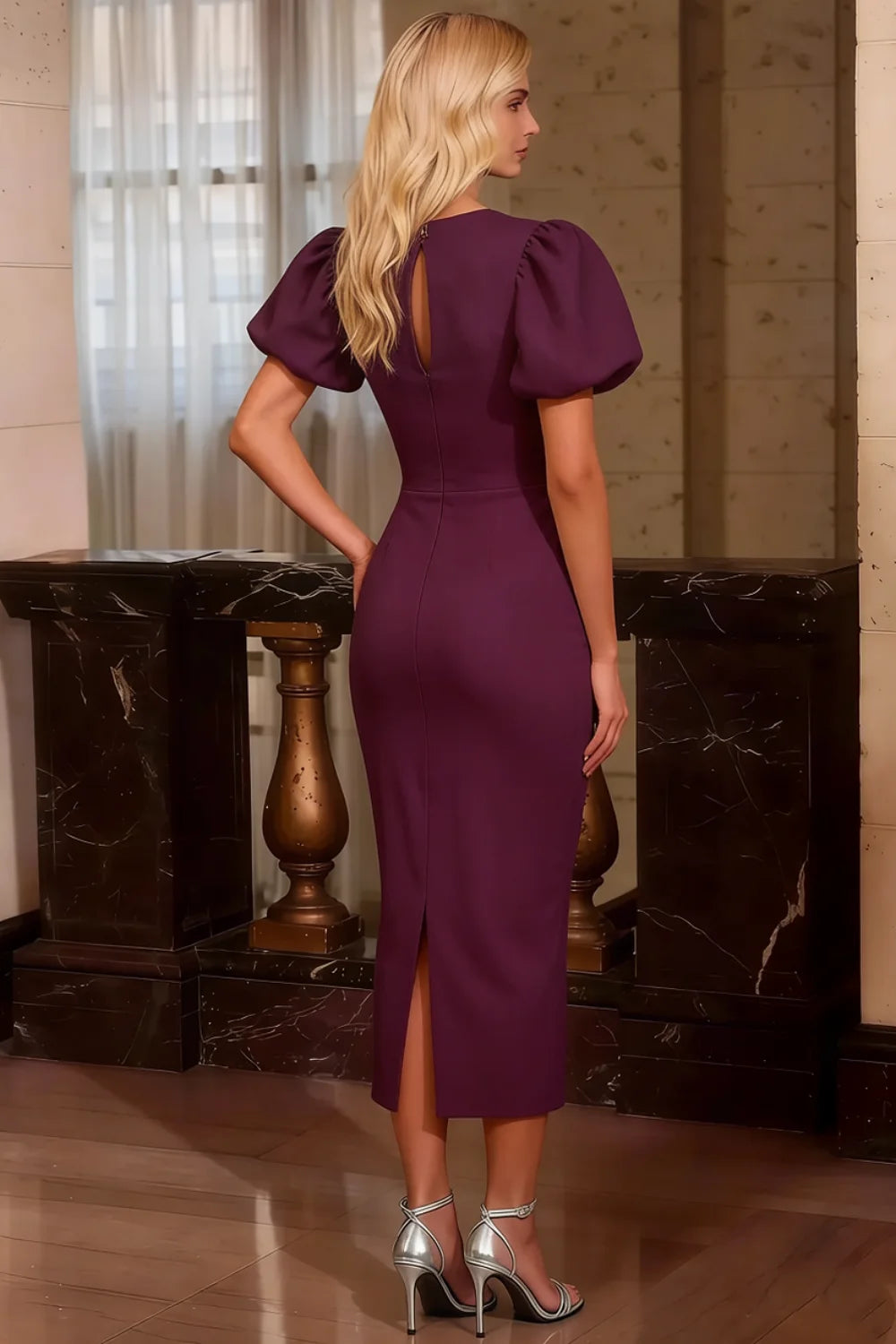 Harriet Grape Puff Sleeve Midi Dress | Elegant Bodycon Cocktail