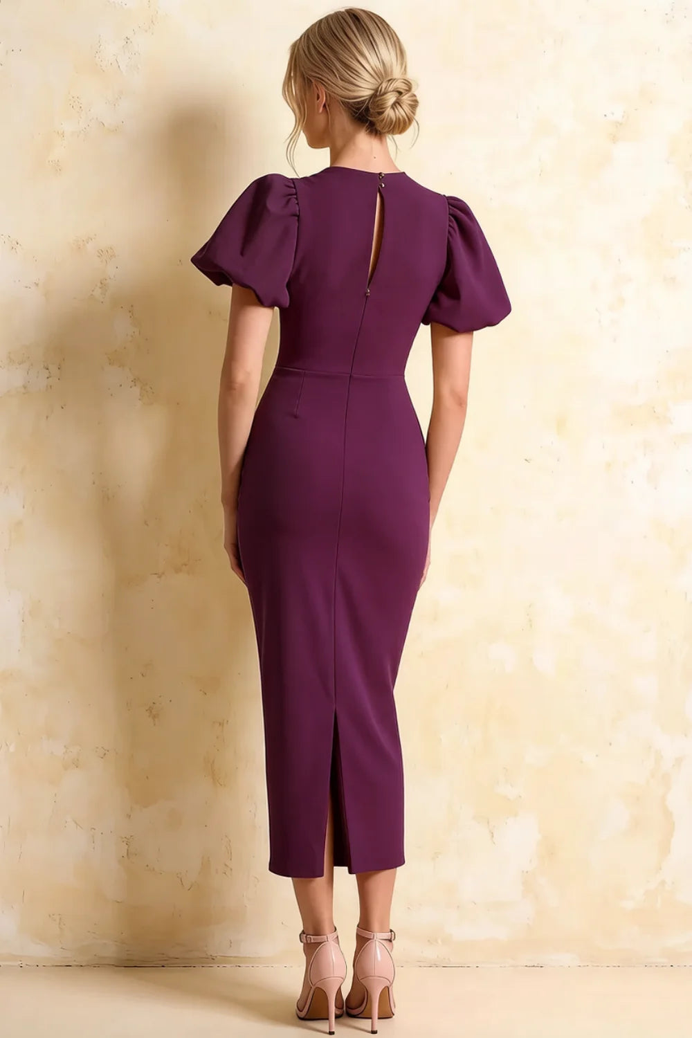 Harriet Grape Puff Sleeve Midi Dress | Elegant Bodycon Cocktail