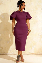 Harriet Grape Puff Sleeve Midi Dress | Elegant Bodycon Cocktail