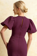 Harriet Grape Puff Sleeve Midi Dress | Elegant Bodycon Cocktail