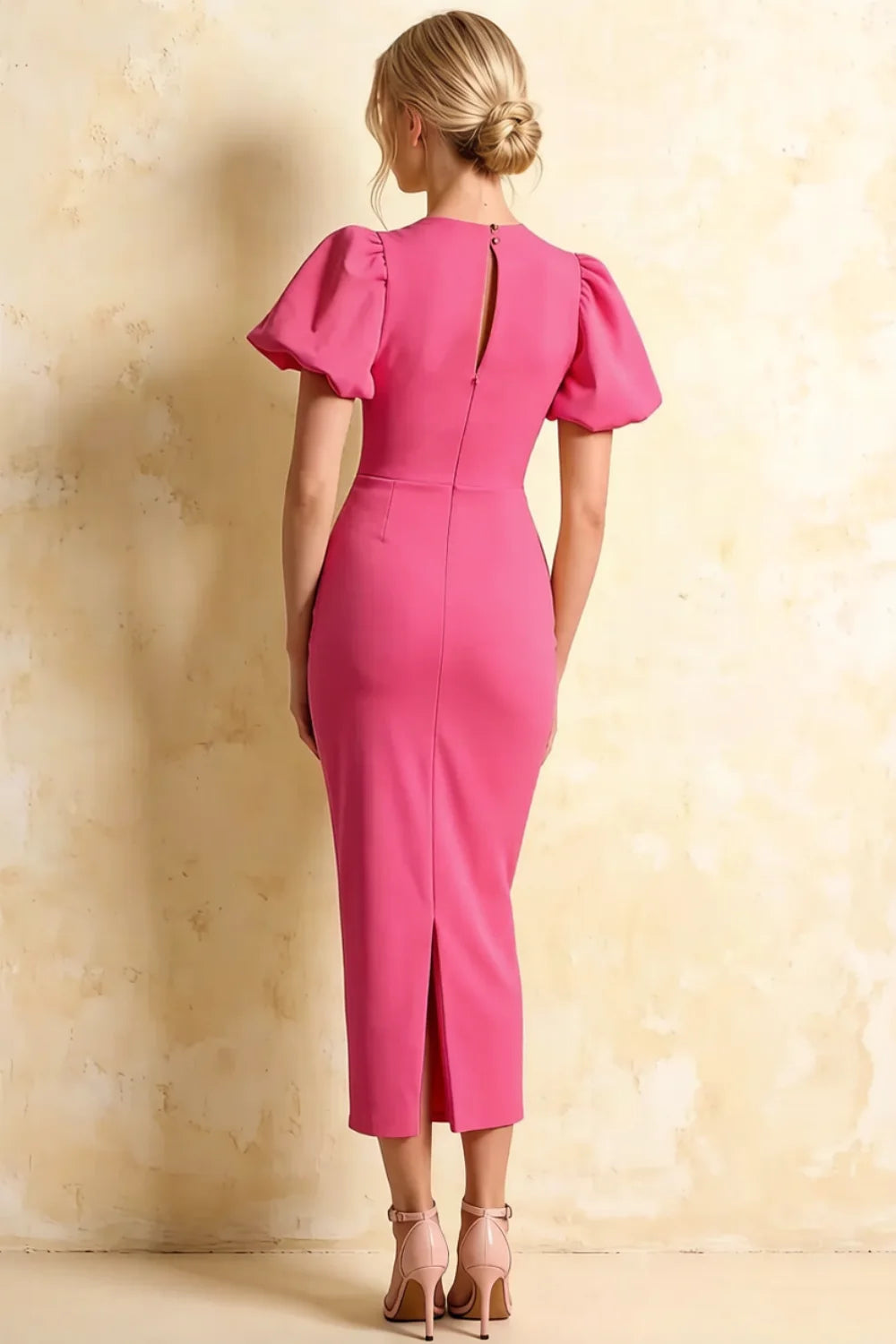 Harriet Hot Pink Puff Sleeve Midi Dress | Chic Cocktail Look Main image