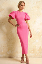 Harriet Hot Pink Puff Sleeve Midi Dress | Chic Cocktail Look