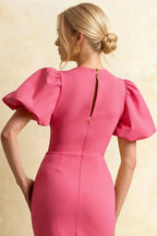 Harriet Hot Pink Puff Sleeve Midi Dress | Chic Cocktail Look