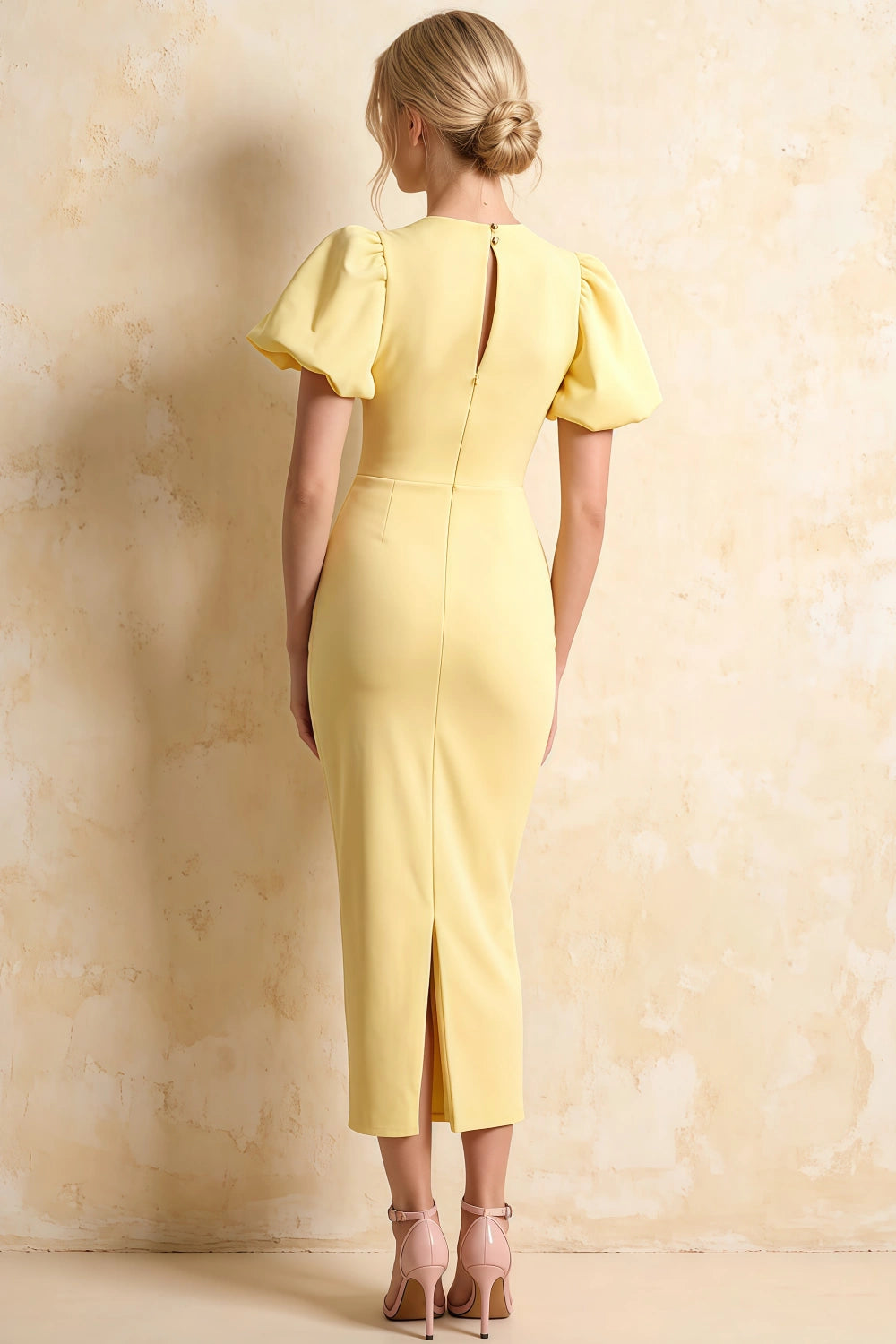 Harriet Lemon Puff Sleeve Midi Dress | Elegant Women's Dress