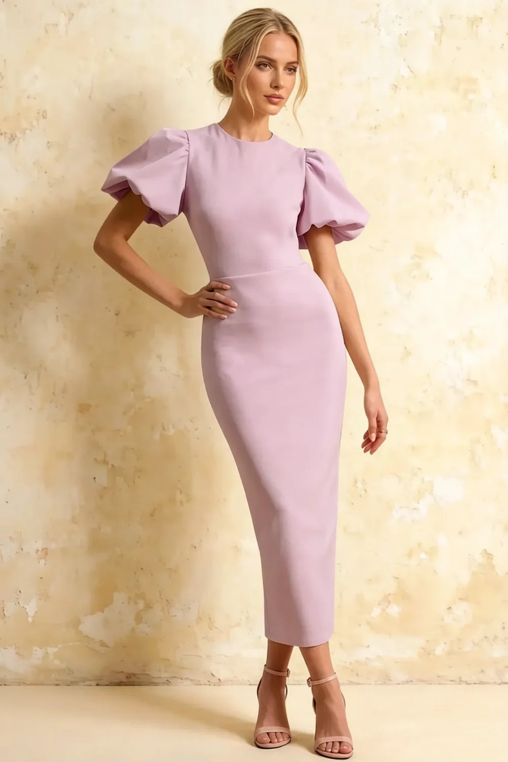 Harriet Lilac Puff Sleeve Midi Dress | Elegant Purple Dress for Wedding & Party Main image