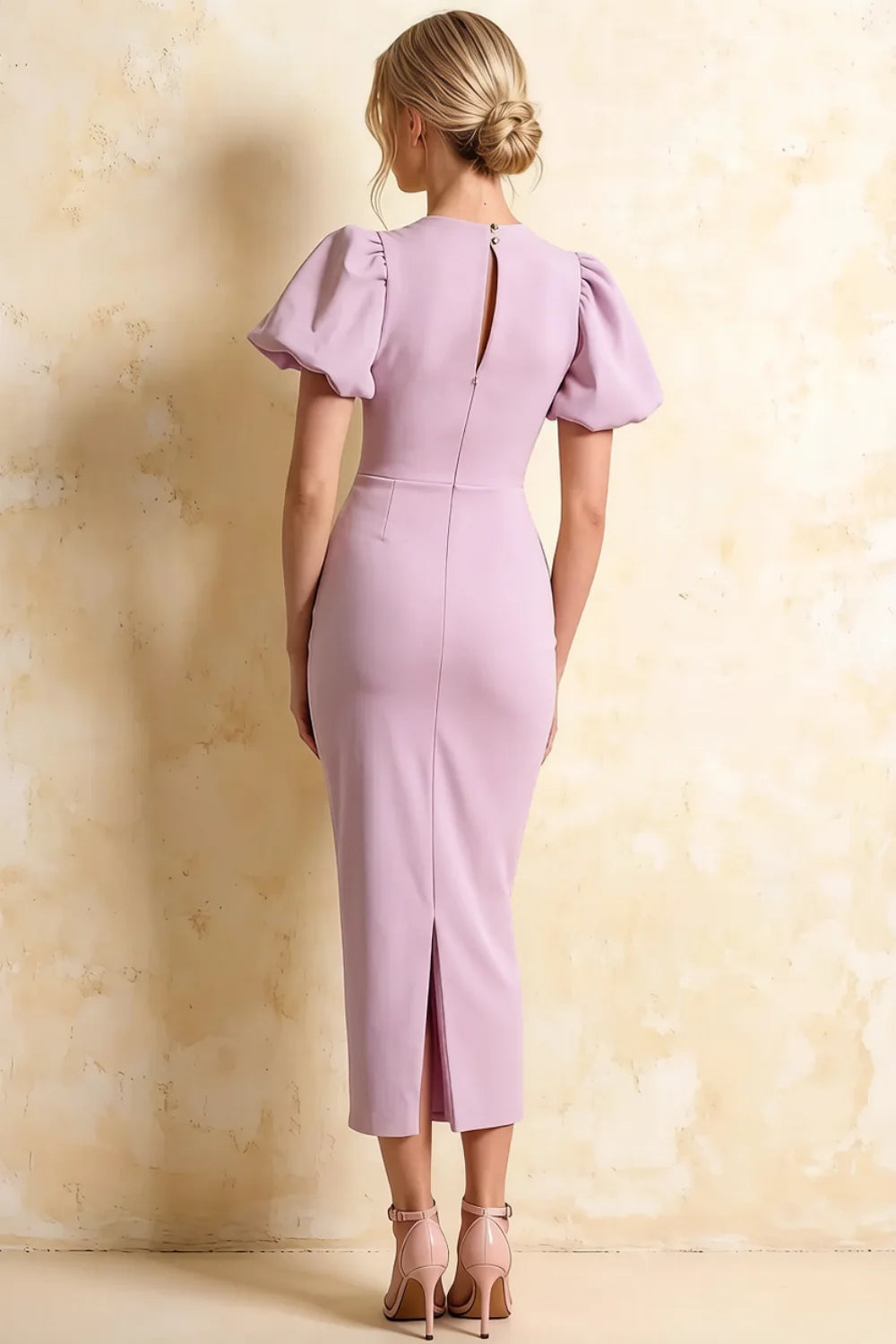 Harriet Lilac Puff Sleeve Midi Dress | Elegant Purple Dress for Wedding & Party