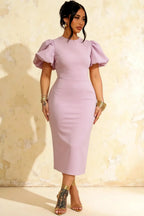 Harriet Lilac Puff Sleeve Midi Dress | Elegant Purple Dress for Wedding & Party