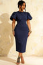 Harriet Navy Blue Puff Sleeve Midi Dress | Keyhole Back Detail