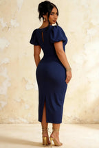 Harriet Navy Blue Puff Sleeve Midi Dress | Keyhole Back Detail