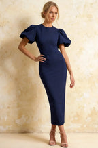Harriet Navy Blue Puff Sleeve Midi Dress | Keyhole Back Detail
