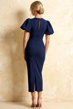 Harriet Navy Blue Puff Sleeve Midi Dress | Keyhole Back Detail