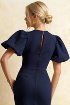 Harriet Navy Blue Puff Sleeve Midi Dress | Keyhole Back Detail