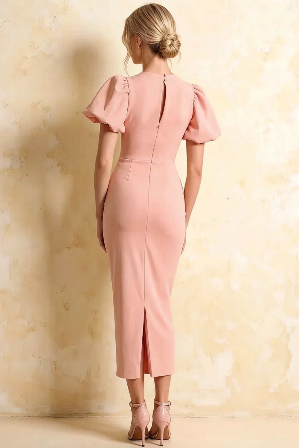 Harriet Pink Puff Sleeve Midi Dress | Elegant Bodycon Style
