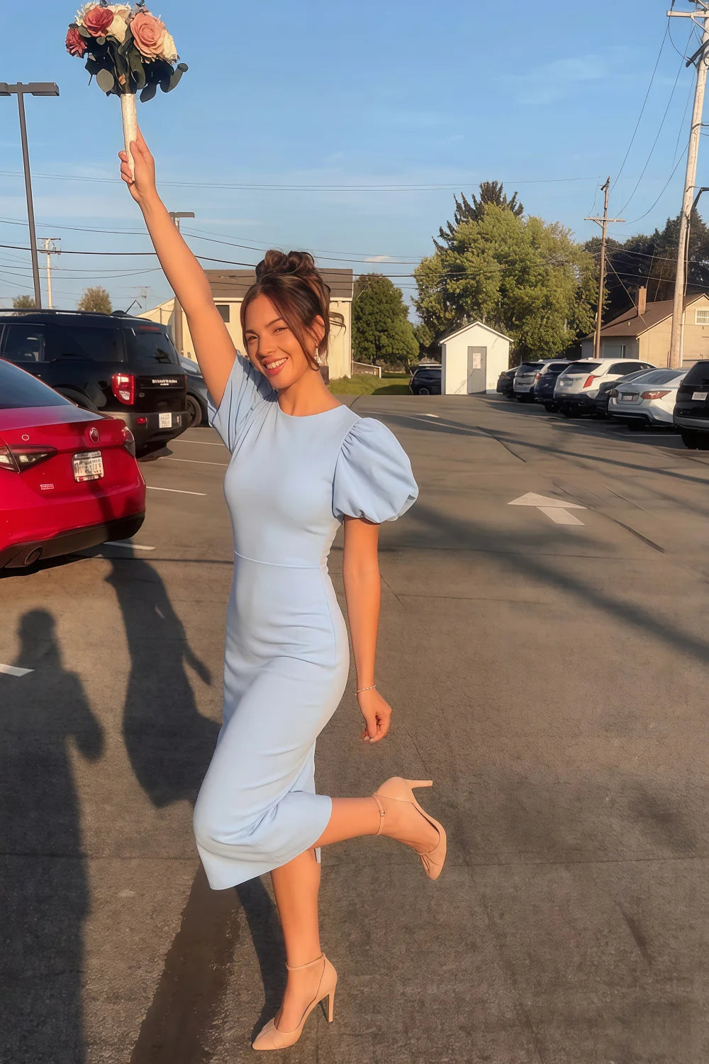 Harriet Powder Blue Puff Sleeve Midi Dress | Modest Blue Mermaid Dress for Party