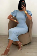 Harriet Powder Blue Puff Sleeve Midi Dress | Modest Blue Mermaid Dress for Party