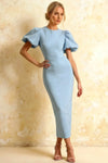 Harriet Powder Blue Puff Sleeve Midi Dress | Modest Blue Mermaid Dress for Party