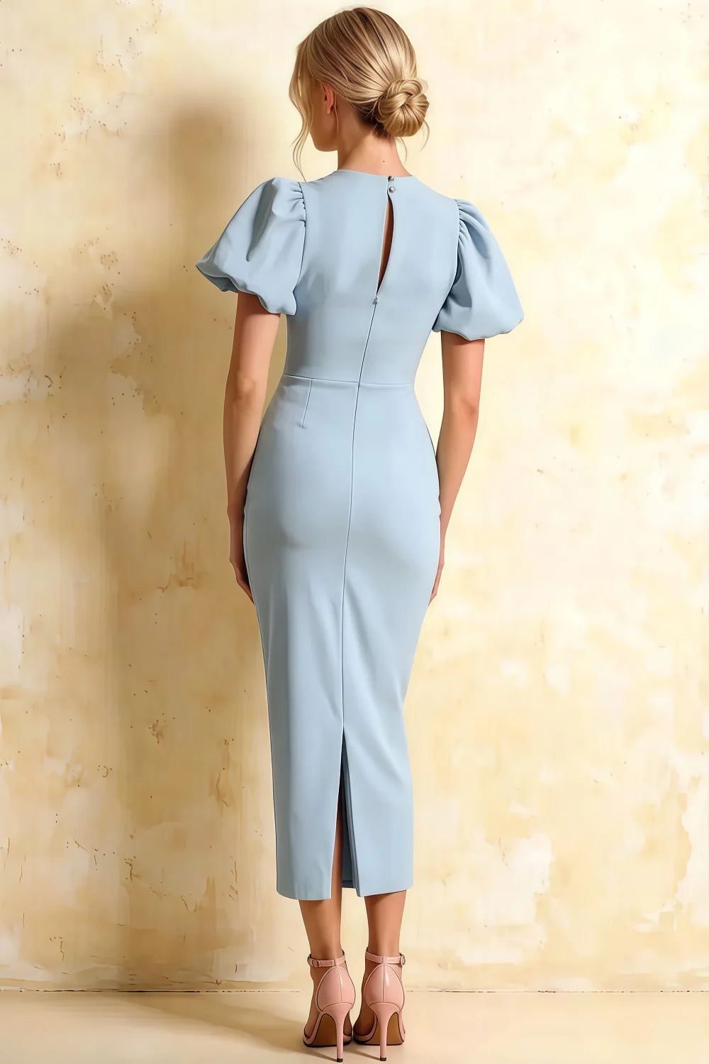 Harriet Powder Blue Puff Sleeve Midi Dress | Modest Blue Mermaid Dress for Party
