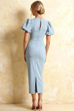 Harriet Powder Blue Puff Sleeve Midi Dress | Modest Blue Mermaid Dress for Party
