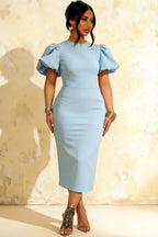 Harriet Powder Blue Puff Sleeve Midi Dress | Modest Blue Mermaid Dress for Party
