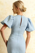 Harriet Powder Blue Puff Sleeve Midi Dress | Modest Blue Mermaid Dress for Party