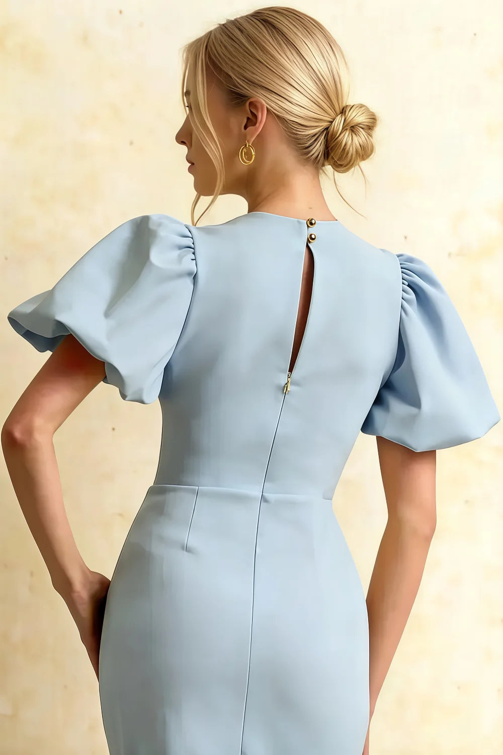 Harriet Powder Blue Puff Sleeve Midi Dress | Modest Blue Mermaid Dress for Party