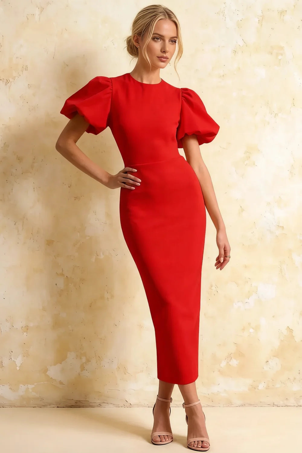 Harriet Red Puff Sleeve Midi Dress | Bodycon Party Dress Main image